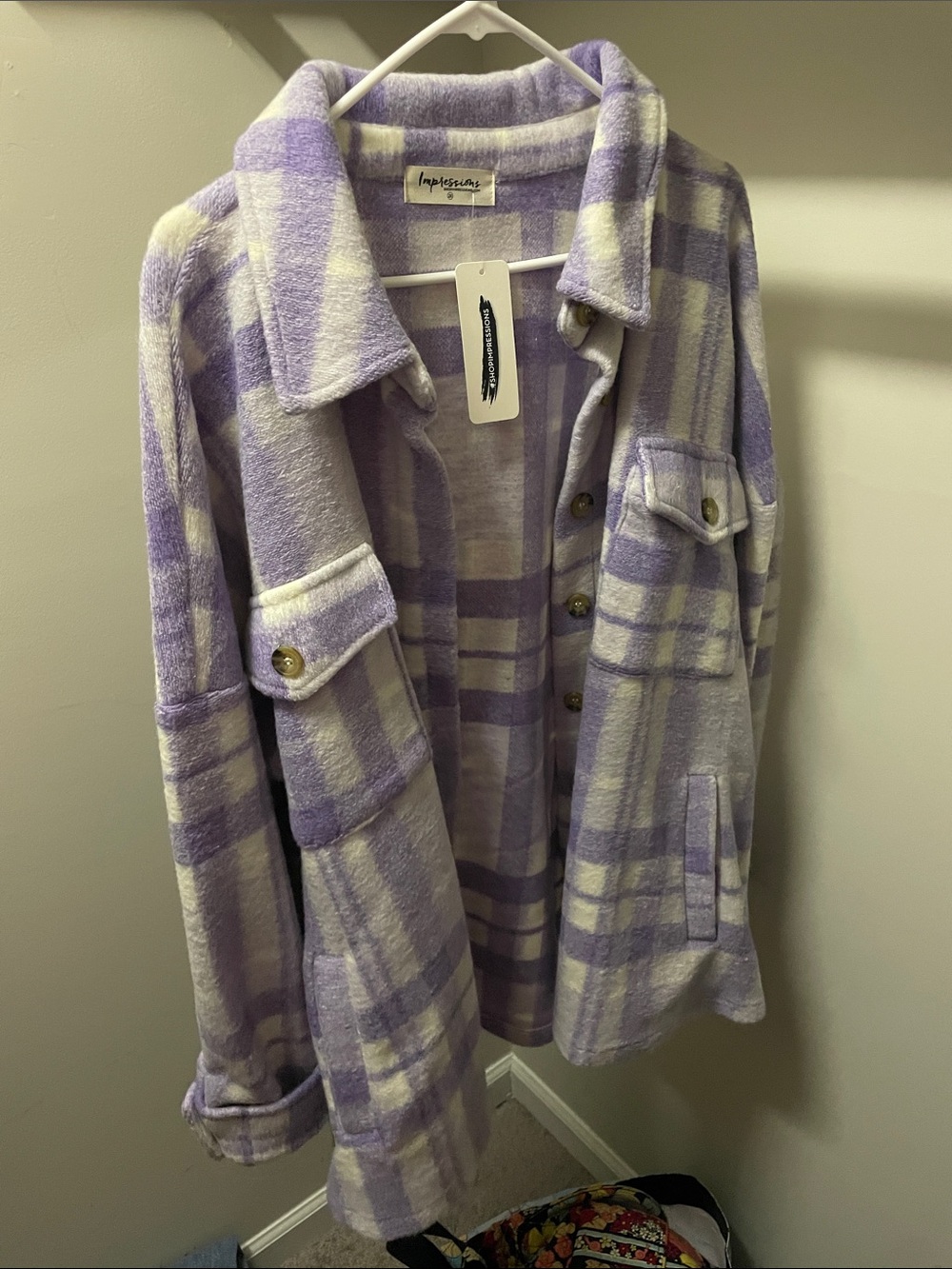 Impressions Lavender & Cream Plaid Teddy Shacket Jacket